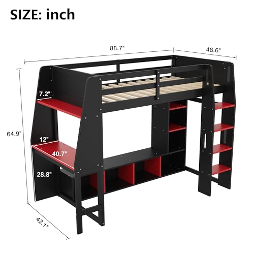 Wooden Gaming Loft Bed with Desk & Storage Shelves & Hanging Clothes Rack,Twin Size Loft Bed Frame with LED Light,Safety Guardrails and Ladder for Kids Teens Adults Room Use,No Box Spring Needed,Black Harper & Bright Designs