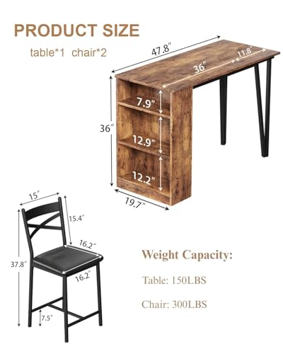 Garvee Bar Table and Chairs Set, 3 Piece Bar Table Set with with Flip Top Extension and Storage Shelves, Dining Table Set for 2, Suitable for Small Space Kitchen Apartment, Brown Garvee