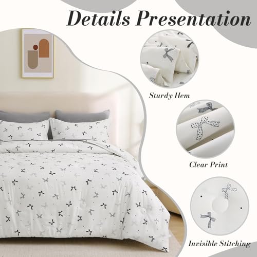 Jameswish 7 Pieces Black Bow Comforter Set for Girls Kids Soft Fluffy Bedding Set Full Size Bed in A Bag as Gifts (1 Comforter, 1 Flat Sheet, 1 Fitted Sheet, 2 Pillowcase and 2 Pillow Sham) Jameswish