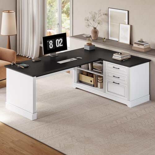 SEDETA Farmhouse 61" Executive L Shaped Desk, Home Office Desk with File Drawers, Computer Desk with Power Outlets and Storage Shelves for Home Office, White SEDETA