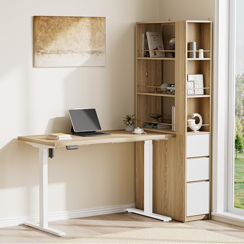 ModernMate Electric Standing Desk with 3-Drawer Bookcase, Adjustable Height Executive Desk, Home Office Workstation with A Engineered Wood 1.18" Solid Desktop, 71'' Corner Bookshelf, White Walnut ModernMate