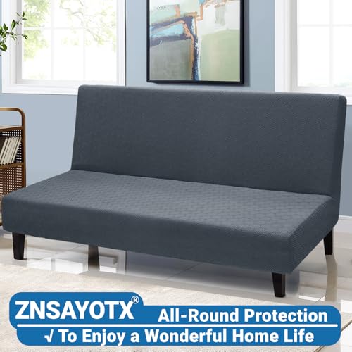 ZNSAYOTX Stretch Fit Futon Cover (67"-82") Armless Futon Sofa Bed Slipcover with Elastic Band, Universal Foldable Sofa Mattress Protector Full Queen Size, Washable Comfort Jacquard (Dark Grey) ZNSAYOTX