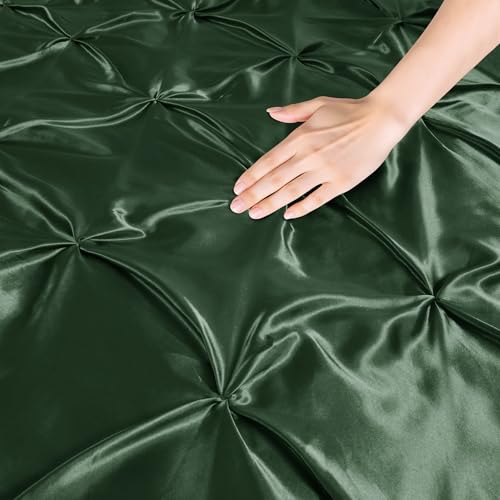 P Pothuiny 5 Pieces Satin Pintuck Duvet Cover Set, Silky Like Olive Green Pinch Pleat Duvet Cover Full/Queen Size Luxury Bedding Set with Corner Ties, 2 Pillow Shams + 2 Pillowcases (No Comforter) P Pothuiny