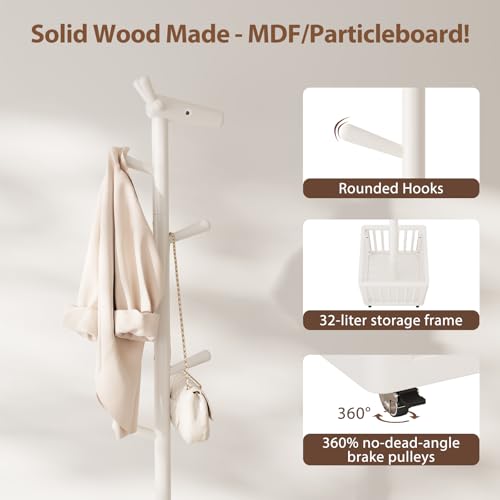 AQIMUELE Kids Coat Rack,Rubber Wood Entryway Coat Rack with 6 Hook for Bedrooms,Coat Tree(White) AQIMUELE