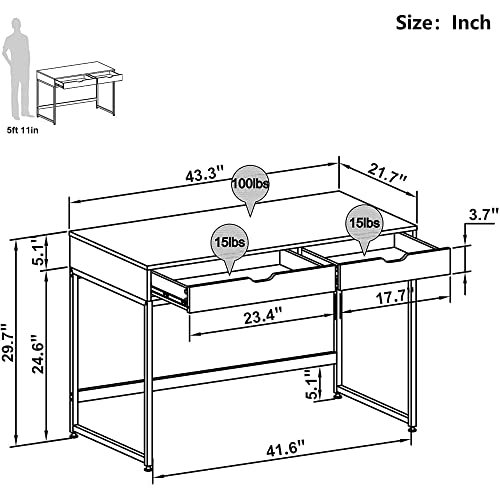 Bestier Rectangular Two Drawer Writing Computer Desk, Modern Engineered Wood Design, Stainless Steel Leg Frames, Modern Industrial Design, Gray Bestier