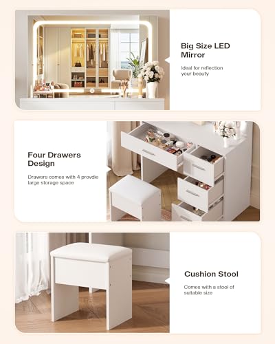 LIVELYGLOW Vanity Desk with LED Mirror, Makeup Vanity with Drawer and Cushion Stool, Dressing Table for Bedrrom, White LIVELYGLOW