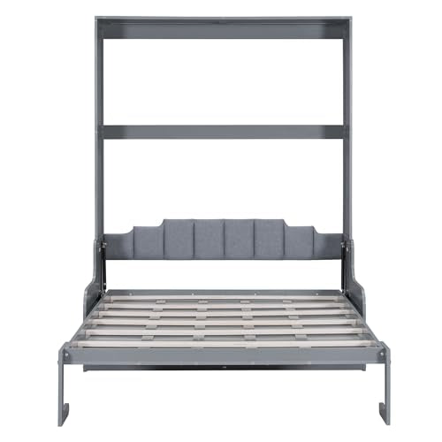 Merax Queen Size Murphy Bed Frame, Modern Wall Bed Can Be Folded into Cabinet, Chair with Cushion, Gray Merax