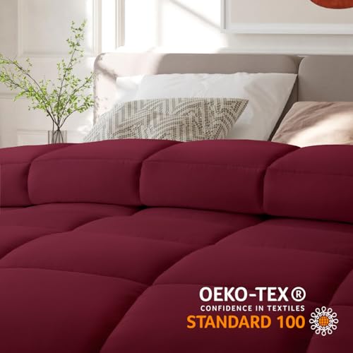 COHOME Quilted Queen Size Comforter - All-Season Down Alternative Duvet Insert - Luxury Hotel Winter Warm Burgundy Comforter with Anti-Clump Tech & 8 Tabs -Reversible(88"x88") COHOME