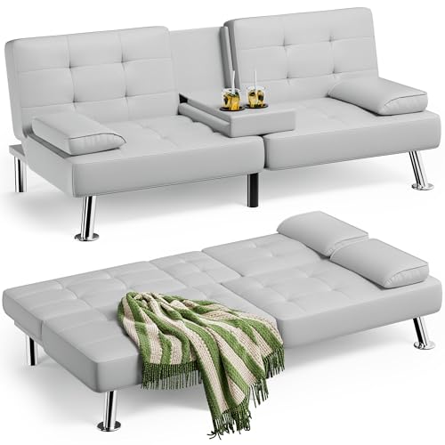 JUMMICO Faux Leather Futon Sofa Bed Futon Couch with Removable Armrests Adjustable Sleeper Sofa Bed with 2 Cup Holders for Living Room (PU Leather, White) JUMMICO
