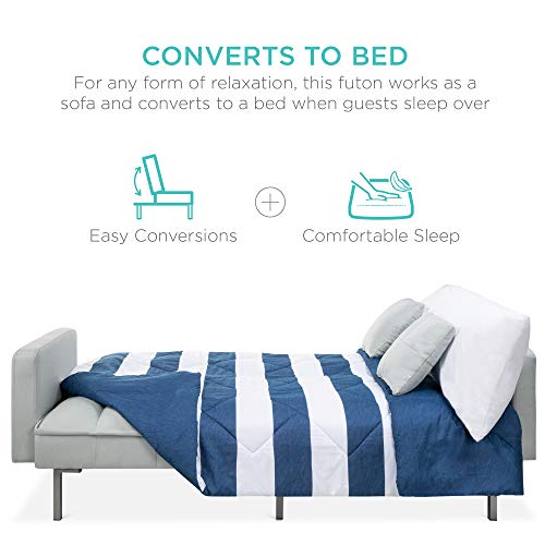 Best Choice Products Convertible Linen Fabric Tufted Split-Back Plush Futon Sofa Furniture for Living Room, Apartment, Bonus Room, Overnight Guests w/ 2 Pillows, Wood Frame, Metal Legs - Light Gray Best Choice Products