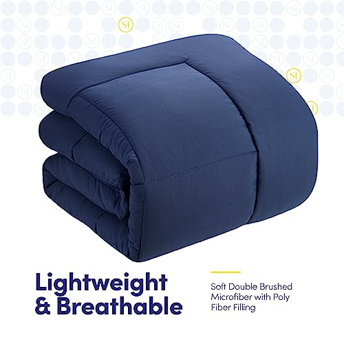 Sweet Home Collection 5 Piece Comforter Set Bag Solid Color All Season Soft Down Alternative Blanket & Luxurious Microfiber Bed Sheets, Navy, Twin Sweet Home Collection