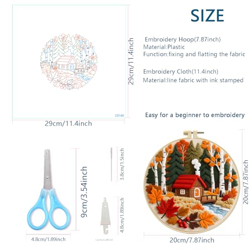 Zhenqing Autumn Forest Cabin Embroidery Kit for Beginners - Complete Set with Pre-Printed 29x29cm Cotton Fabric, Hoop, Threads & Tools(C0140)