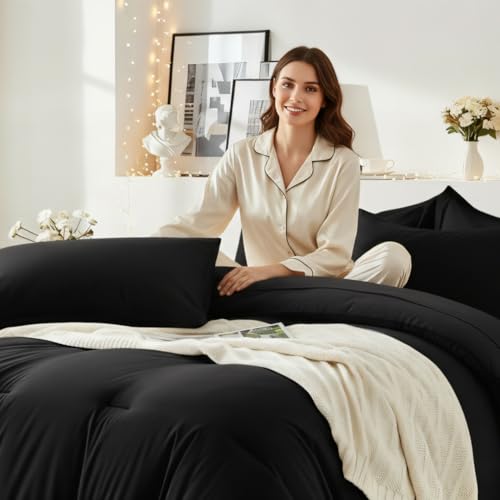 Easthome Queen Comforter Set 7 Piece - Black Soft Bed in a Bag Queen Size Comforter Sets, Cozy Luxury Bedding Sets with Down Alternative Comforter, Flat Sheet, Fitted Sheet, 2 Pillowcases & 2 Shams Easthome