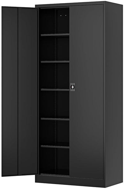 Fesbos Metal Storage Cabinet-71” Tall Steel File Cabinets with Lockable Doors and Adjustable Shelves-Black Steel Storage Cabinet for Home,Kitchen, School, Office, Garage