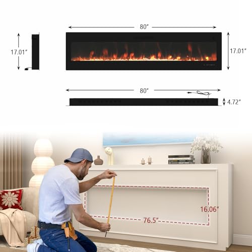 ROCSUMOO Smart Electric Fireplace - 80 Inch Electric Fireplace Inserts, Wall Mount or in-Wall Recessed Fireplace Heater, Electric Fire Place W/12H Timer, Flame Colors and Brightness (80 Inch, WiFi) ROCSUMOO