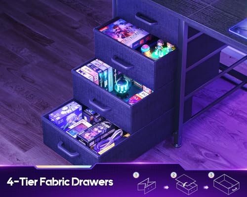 AODK L Shaped Gaming Desk with 4 Drawers, 59" Reversible Computer Desk with Hutch and Shelves, Gamer Desk with LED Lights, Power Outlets, Home Office Corner Desk with Gird Pegboard, Black AODK