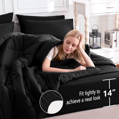 CozyLux Twin XL Comforter Set Black, 5 Pieces Twin Extra Long Bed in a Bag for College Dorm, All Season Bedding Set with Stitch Quilted Comforter, Flat Sheet, Fitted Sheet, Pillowcases CozyLux