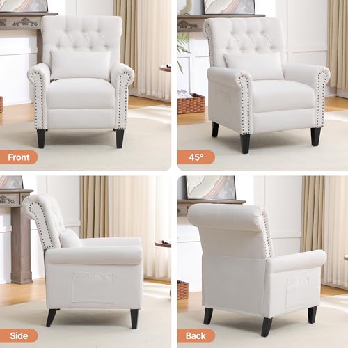 choairy Pushback Recliner Chair, Accent Push Back Chair with Adjustable Footrest, Upholstered Linen Fabric Reclining Sofa with Side Pocket, Comfy Modern Armchair for Living Room, Beige