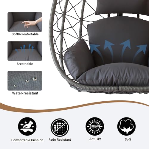 JOINFUN Egg Chair with Stand, Patio Wicker Hanging Swing Egg Chair Thickened, Galvanized Pipe Steel Frame and UV Resistant Cushion for Bedroom Garden Indoor Outdoor, 350LBS Capacity (Drak Grey)