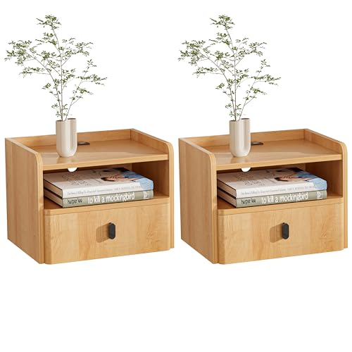 GENGKHAN Floating Nightstand Set of 2, Modern Wall Mount Bedside Table with Drawer & Open Shelf, Space-Saving Night Stands with Charging Station, Natural Wood Finish for Bedroom GENGKHAN