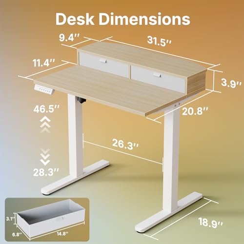 HUANUO 32 x 21 inch Small Electric Standing Desk with 2 Drawers, C-Clamp Mount Compatible, Height Adjustable Sit Stand Desk, Home Office Stand Up Desk with 4 Memory Height Settings, Light Walnut HUANUO