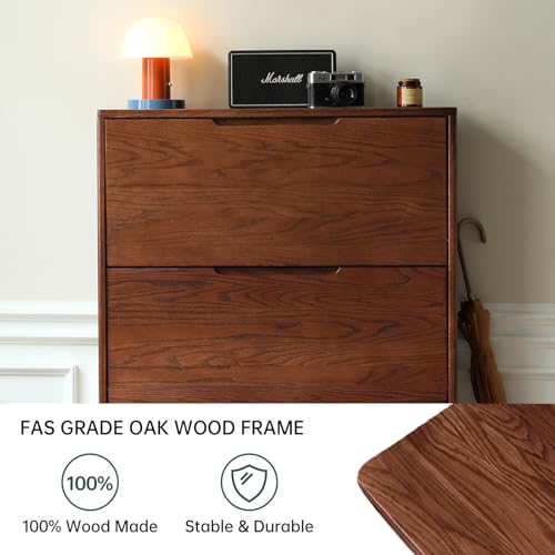 Wayshome Oak Shoe Cabinet with 3 Flip Drawers, Solid Wood Shoe Storage Cabinet, Narrow Shoe Organizer for Entryway, 7.9" x 33.5" x 45.7", Oak Wood, Walnut Wayshome