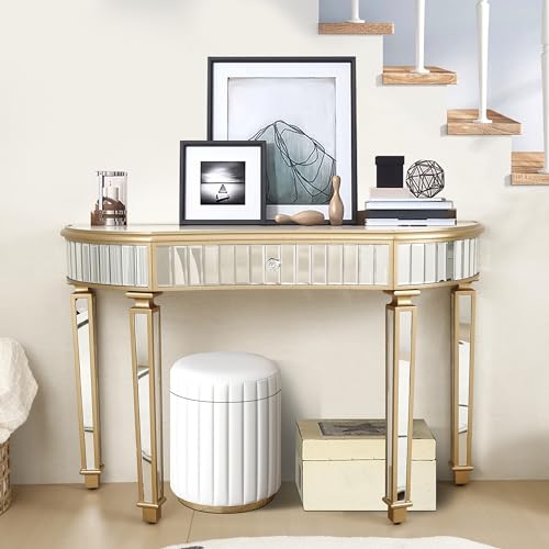 SSLine Mirror Console Table for Living Room 47" Half-Moon Mirrored Entryway Table with Fluted Glass & Crystal Knob Drawer Modern Luxury Gold Silver Mirror Foyer Tables for Hallway Entrance SSLine