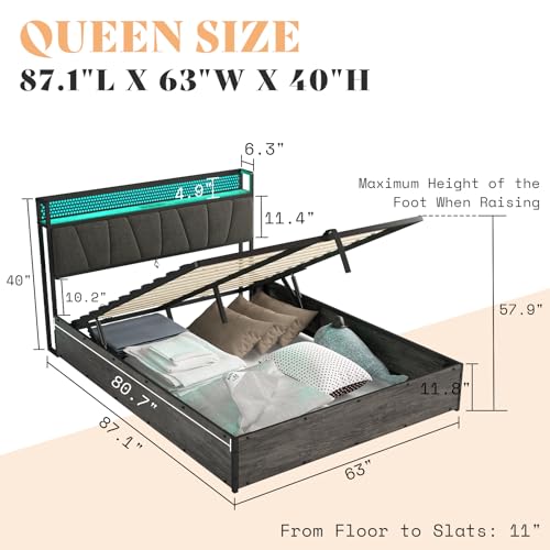AMERLIFE Queen Size Lift Up Bed Frame with Linen Upholstered & LED Light & Storage Headboard, Platform Bed Frame with Charging Station, No Box Spring Needed, Noisy Free, Rustic Grey AMERLIFE