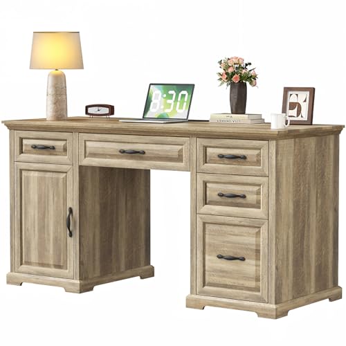 Marsail 60″ Farmhouse Executive Desk, Home Office Desk with Storage Cabinet, Charging Station, Adjustable Shelf, and File Drawer, Rustic Computer Writing Desk for Work & Study, Natural Marsail