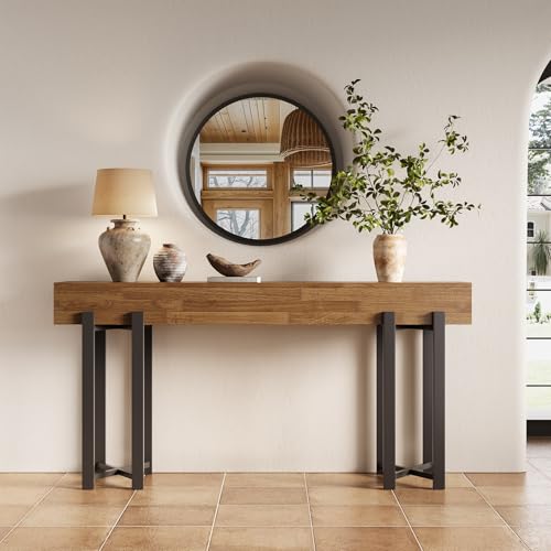 LITTLE TREE 63-Inch Console Table for Entryway, Farmhouse Behind Couch Table, Minimalist Sofa Table for Living Room, Long Wooden Hallway Foyer Table with Black Metal Frame, Oak LITTLE TREE