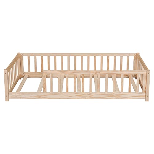 Oudiec Twin Size Montessori Floor Bed with Safety Fence - Easy Assembly Solid Wood Frame in Natural Finish Oudiec