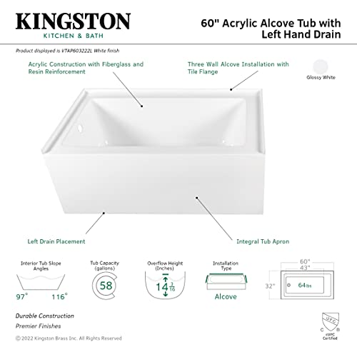 Kingston Brass VTAP603222L Aqua Eden 60-Inch Acrylic Alcove Tub with Left Hand Drain Hole, L 60" x W 32" x H 21-5/8"D, White Kingston Brass
