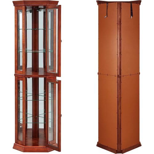 GPCRAC Corner Curio Cabinet with Lights, Adjustable Tempered Glass Shelves, Mirrored Back, Display Cabinet (Walunt(Tall)) GPCRAC