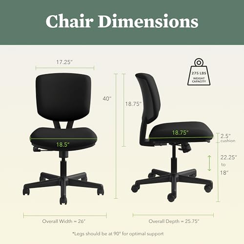 HON Volt Armless Office Chairs with Wheels, Ergonomic Adjustable Center-Tilt Recline, Fabric Back and Seat, Swivel Desk Chair, Black HON