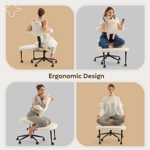 Pinmoco Ergonomic Cross Legged Office Chair Extra Wide for ADHD and Meditation, Kneeling Chair with 360° Swivel Wheels and Reversible Seating, Adjustable Height and Seat Deapth, Teddy Fabric, White Pinmoco