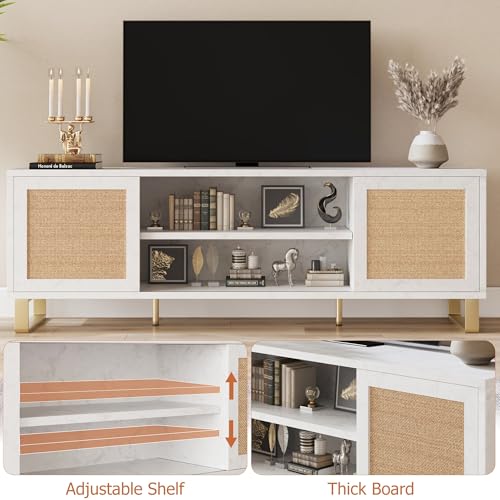 IDEALHOUSE Rattan TV Stand 66 Inch, White Entertainment Center Modern TV Console Table with Storage, Doors and Shelves, Media Cabinet Furniture for Living Room Bedroom IDEALHOUSE