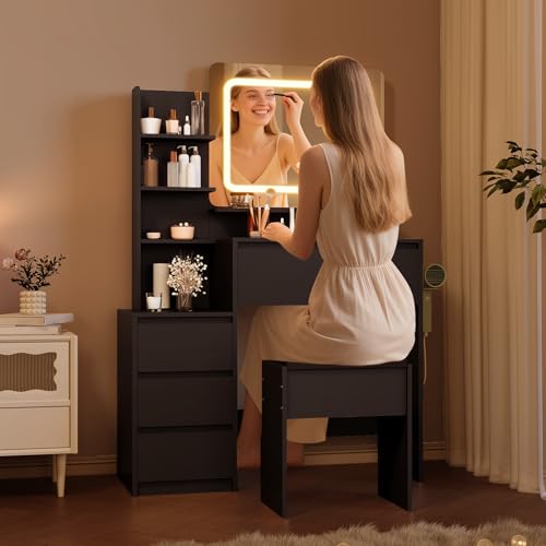 GarveeHome Vanity Desk with Mirror and Lights, Makeup Vanity with Power Outlet, 3 Color Adjustable Light, Dressing Table with 4 Drawers, Storage Shelves & Stool for Bedroom, Black GarveeHome