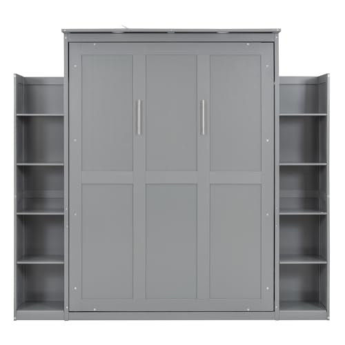 Merax Full Size Murphy Bed with 2 Five-Layer Cabinet, Modern Wall Bed with Shelves and LED Lights, Foldable Wood Platform Bed Folded into Cabinet for Guest Room, Home and Office, Grey Merax