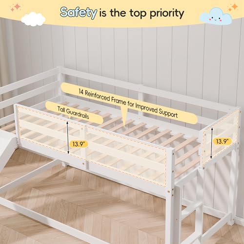 Callales Twin Bunk Bed with Slide, Solid Pine Wood Loft Bed Frame for Kids, Toddlers, Floor Loft Low Bunk Bed Twin Over Twin with Ladders, Safety Guardrails, Storage Space, Bedroom (White) Callales