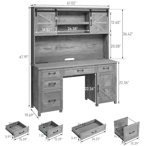 Farmhouse 67''H Executive Desk with Hutch & 5 Drawers, Rustic Office Desks Computer Desks with Charging Station, File Drawers and Storage Cabinets, Wood Workspace for Home Office & Study.(Grey). Vabches
