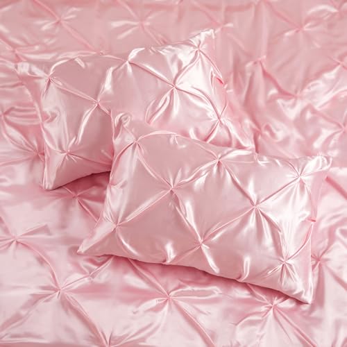 P Pothuiny 5 Pieces Satin Pintuck Duvet Cover Set, Silky Like Blush Pink Pinch Pleat Duvet Cover Full/Queen Size Luxury Bedding Set with Corner Ties, 2 Pillow Shams + 2 Pillowcases (No Comforter) P Pothuiny