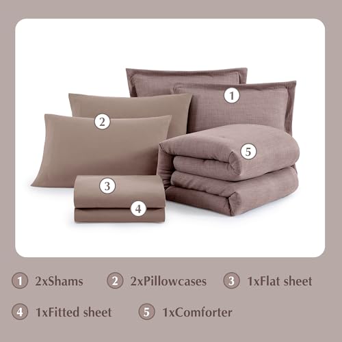 Geniospin King Size Comforter Set- 7 Piece Misty Rose Textured King Bedding Set, Soft Solid Bed in a Bag for All Season, King Comforter Set with Sheets(Misty Rose,102''x90'') Geniospin