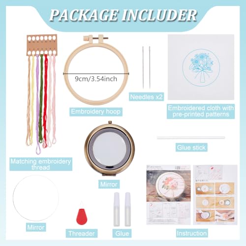 WEBEEDY Embroidery Starter Kit DIY Bouquet Mirror Embroidery for Beignners, Cross Stitch Makeup Mirror Kit with Stamped Flower Pattern for Women Birthday Bridesmaid Party Sewing Stitchwork Gift