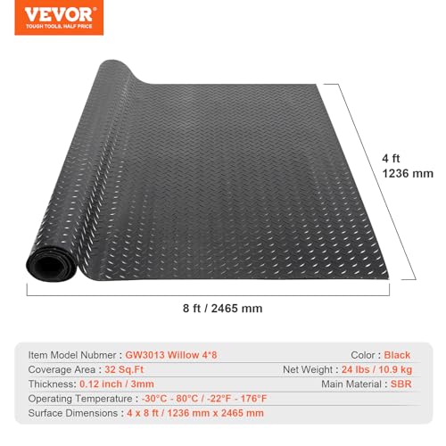 VEVOR Diamond-Plate Rubber Flooring Roll, 3 mm x 4 ft x 8 ft Garage Floor Mat, SBR Rubber Garage Flooring Roll, Easy to Clean, Diamond Plate Rubber Mat for Under Cars, Garage Industry Gym, Black VEVOR