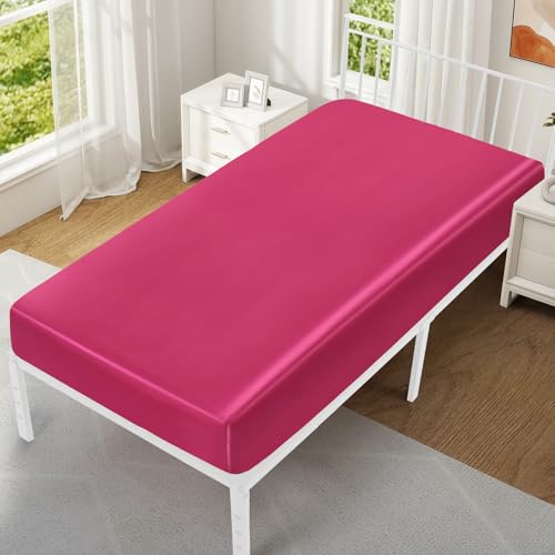 VACVELT Cot Fitted Sheet, 31 x 75 Inch Hot Pink Cot Sheets, Ultra Soft and Breathable Satin Bed Cover Snug Fit for Narrow Twin/RV Bunk/Camper Bunk/Guest Beds/Trifold Mattress VACVELT