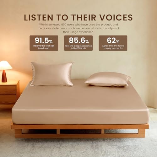 THXSILK Luxury Mulberry Silk Fitted Sheet Set 3 Pcs, King Silk Bed Sheet Set with 16" Deep Pockets, Soft & Cooling Sheets, 1 Fitted Sheet, 2 Pillowcases with Zipper Closure - Champagne THXSILK