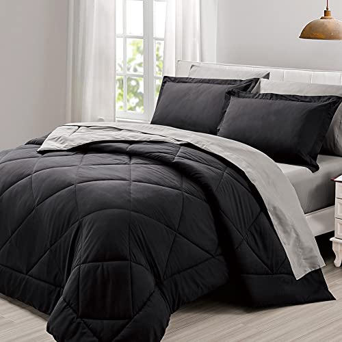 Furnishh 5 Pieces Comforter Set Twin Bed in a Bag, Reversible Bed Set with Comforter, Flat Sheet, Fitted Sheet, Pillowcase & Sham, Black and Grey Twin Size Bedding Sets for Boys, Girls Furnishh