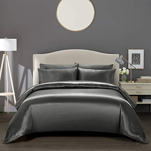AiMay 3 Piece Satin Duvet Cover Set Bedding Sets Luxury Rich Silk Silky Super Soft Solid Color Reversible Stain-Resistant Wrinkle Free (Queen, D-Grey) AiMay