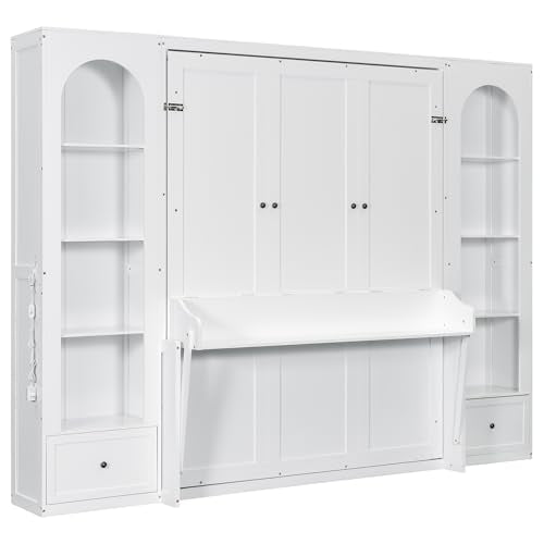 GDFStudio Queen Size Murphy Bed Frame with Shelves, Side Cabinets, Drawers & LED Lights, French Style Wall Bed with Desk, Solid Pine Wood & MDF Space-Saving Furniture, White GDFStudio