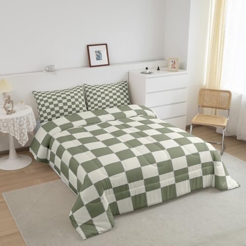 Erosebridal Plaid Comforter Set Twin Beige Sage Green Checkerboard Quilt Set Geometric Checkered Bedding Set for Kids Boys Girls, Aesthetic Grid Duvet Set Modern Room Decor 2 Pcs Erosebridal